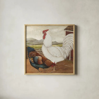 Rooster Pair III by David Carter Brown. Shown in a natural wood glass frame for a timeless modern aesthetic. Available as an archival giclee rolled canvas, fine art paper, or poster print. SKU 37679a.