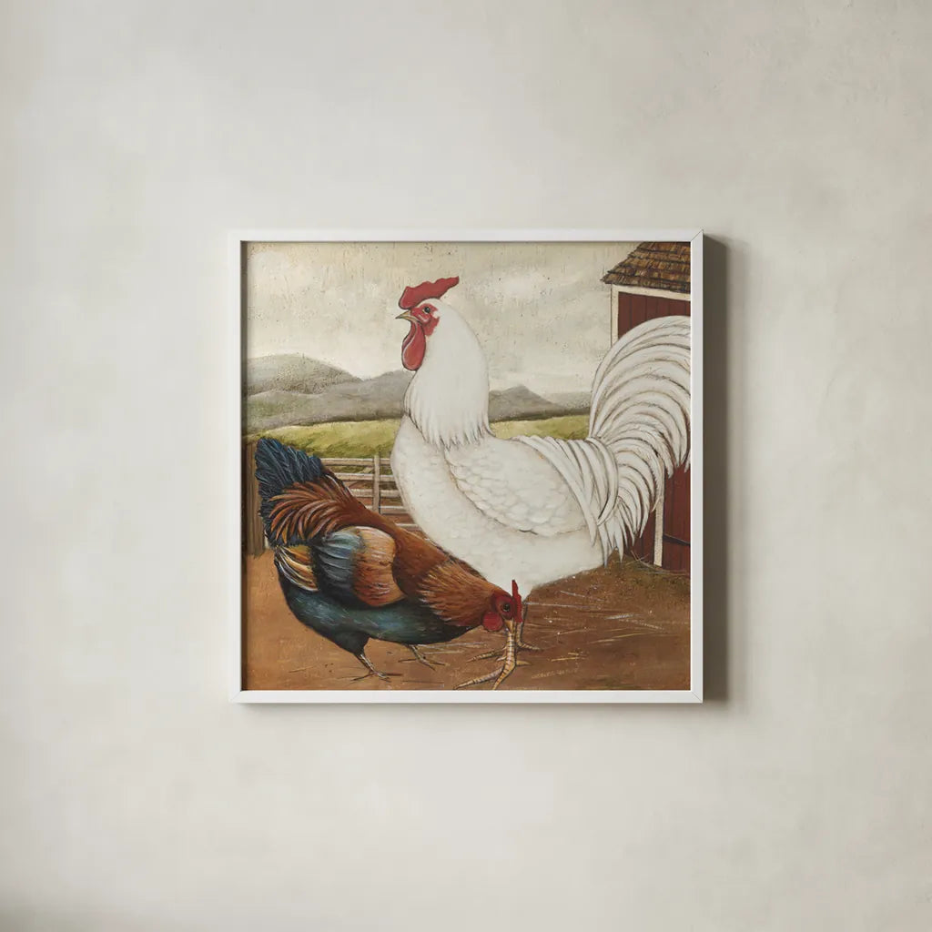 Rooster Pair III by David Carter Brown. Shown in a crisp white glass frame for a clean and minimalist style. Available as an archival giclee rolled canvas, fine art paper, or poster print. SKU 37679a.