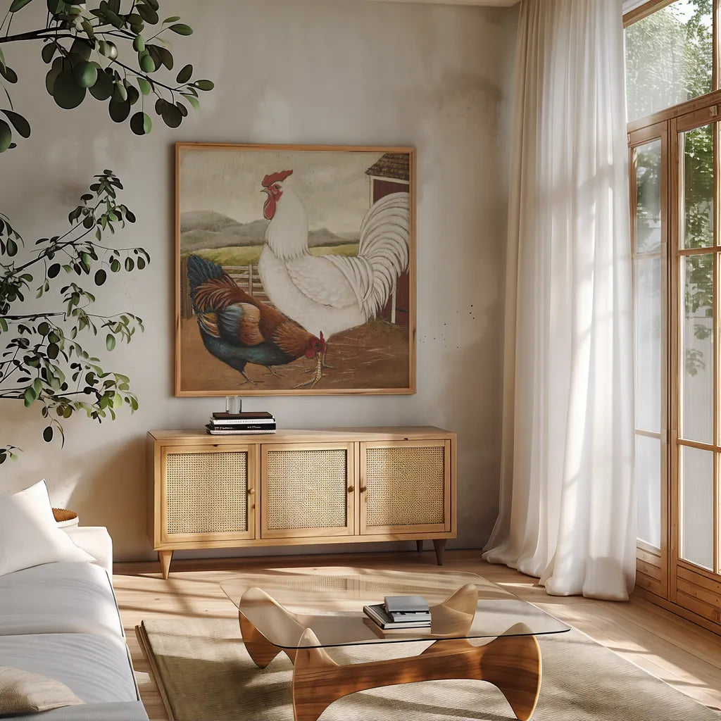 Rooster Pair III by David Carter Brown. Shown in a natural wood frame in a cozy modern living room. Available as an archival giclee rolled canvas, fine art paper, or poster print. SKU 37679a.