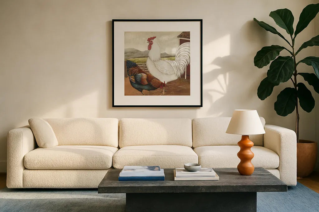 Rooster Pair III by David Carter Brown. Displayed in a glass frame with matte in a clean modern living room. Available as an archival giclee rolled canvas, fine art paper, or poster print. SKU 37679a.