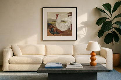 Rooster Pair III by David Carter Brown. Displayed in a glass frame with matte in a clean modern living room. Available as an archival giclee rolled canvas, fine art paper, or poster print. SKU 37679a.