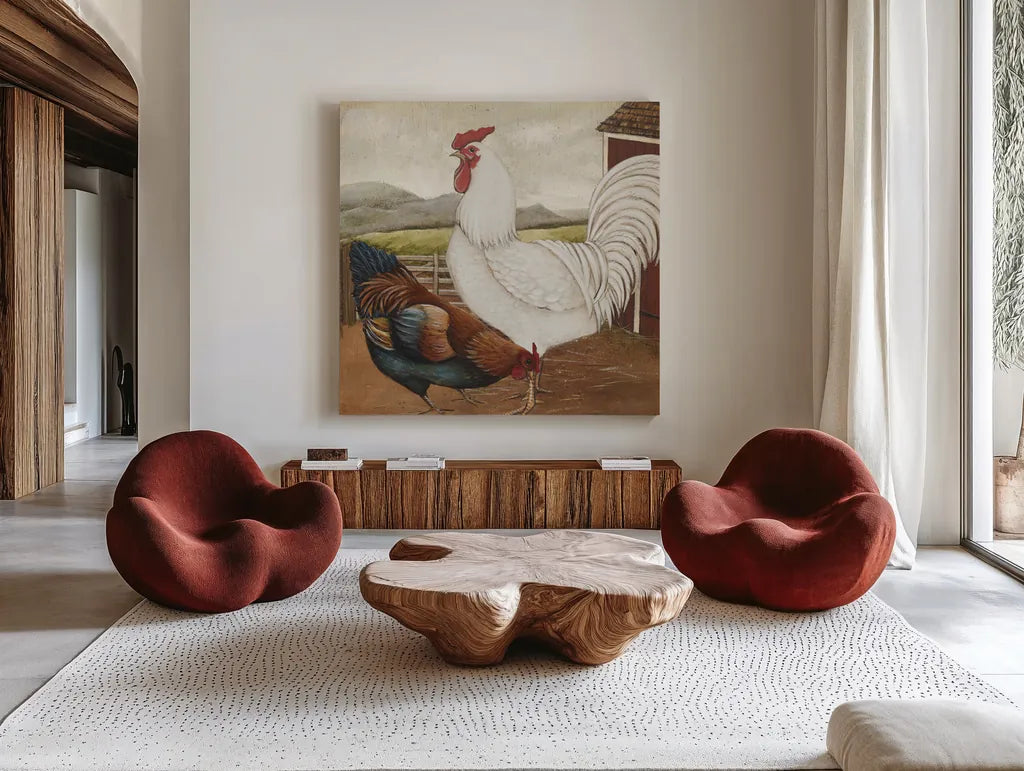 Rooster Pair III by David Carter Brown. Shown as extra-large giant wall art in a modern living room. Available as an archival giclee rolled canvas, fine art paper, or poster print. SKU 37679a.