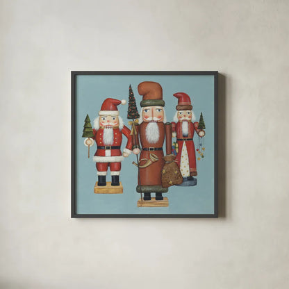 Santa Nutcrackers by David Carter Brown. Shown in a sleek black glass frame for a contemporary gallery look. Available as an archival giclee rolled canvas, fine art paper, or poster print. SKU 27109a.