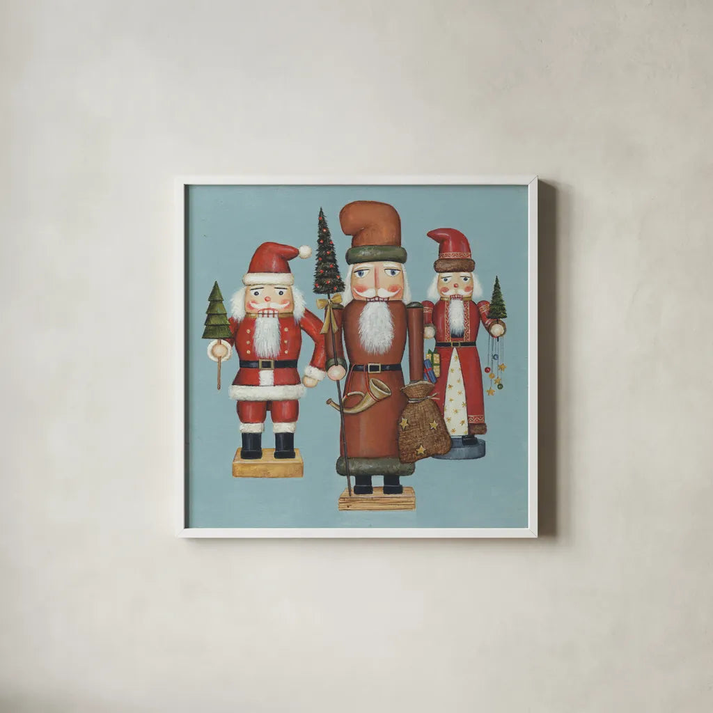 Santa Nutcrackers by David Carter Brown. Shown in a crisp white glass frame for a clean and minimalist style. Available as an archival giclee rolled canvas, fine art paper, or poster print. SKU 27109a.