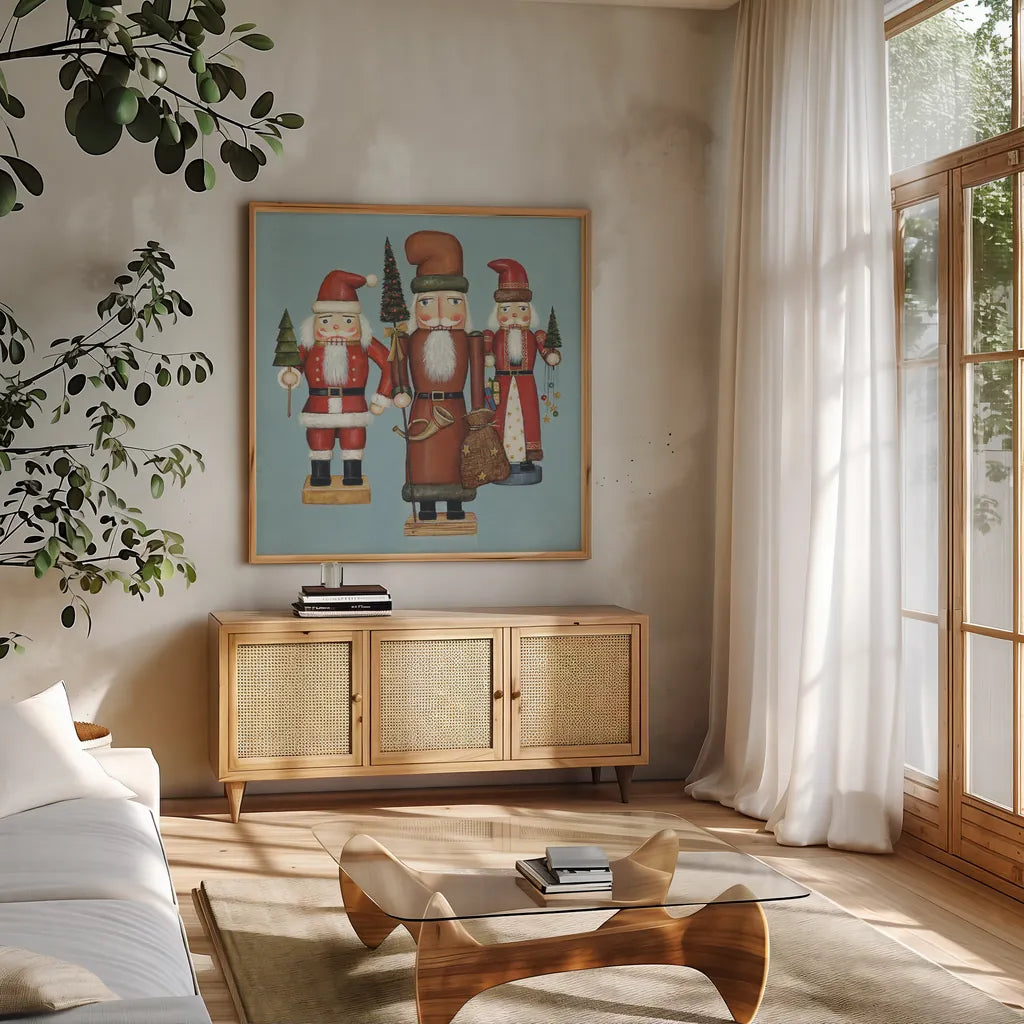 Santa Nutcrackers by David Carter Brown. Shown in a natural wood frame in a cozy modern living room. Available as an archival giclee rolled canvas, fine art paper, or poster print. SKU 27109a.