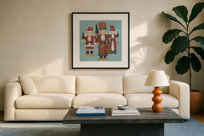 Santa Nutcrackers by David Carter Brown. Displayed in a glass frame with matte in a clean modern living room. Available as an archival giclee rolled canvas, fine art paper, or poster print. SKU 27109a.