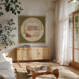 Santas Sleigh by David Carter Brown. Shown in a natural wood frame in a cozy modern living room. Available as an archival giclee rolled canvas, fine art paper, or poster print. SKU 26450a.