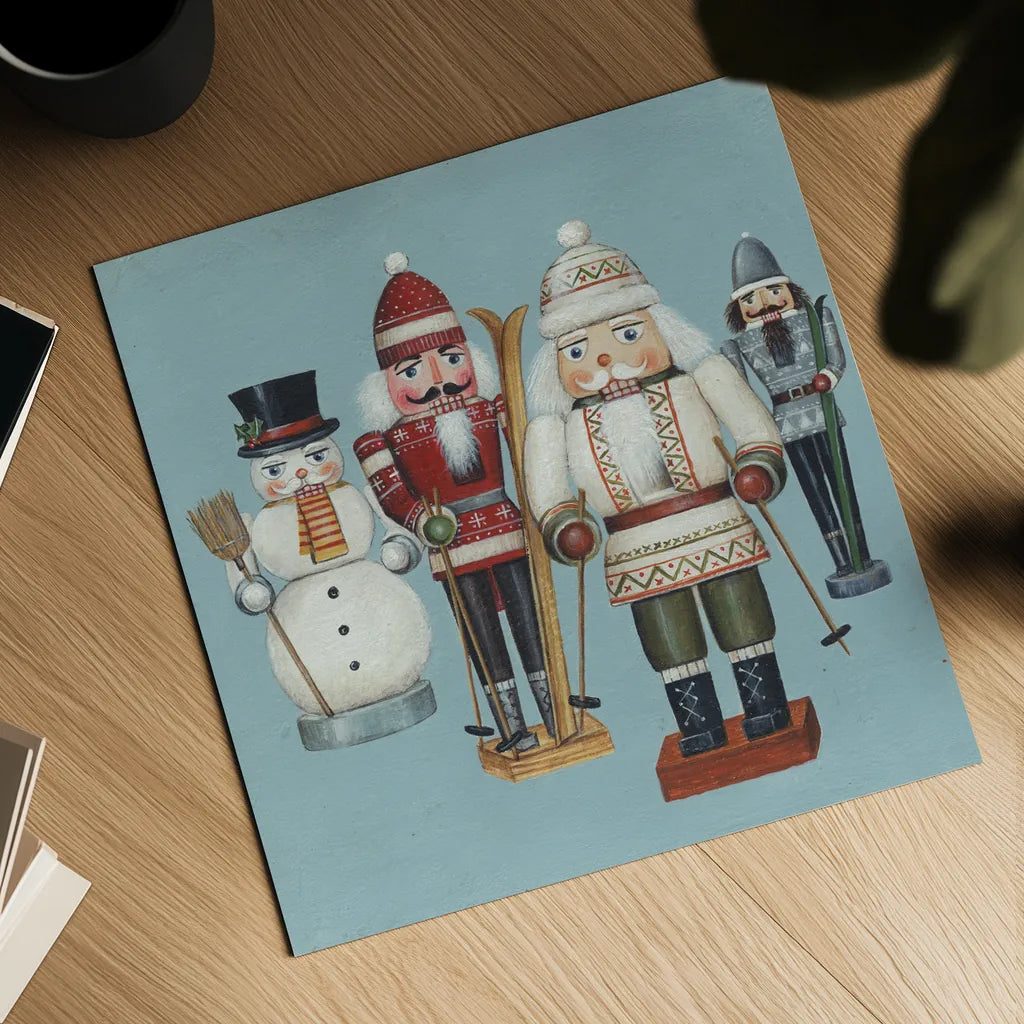 Skier Nutcrackers by David Carter Brown. Shown as a detailed flat fine art print, highlighting archival giclee quality. Available as an archival giclee rolled canvas, fine art paper, or poster print. SKU 27110a.