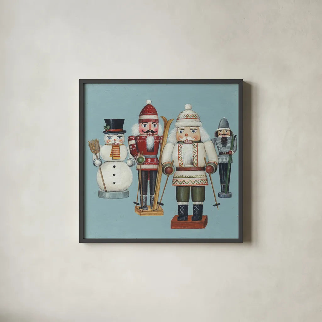 Skier Nutcrackers by David Carter Brown. Shown in a sleek black glass frame for a contemporary gallery look. Available as an archival giclee rolled canvas, fine art paper, or poster print. SKU 27110a.