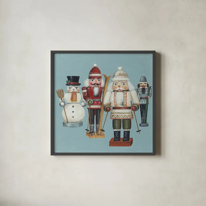 Skier Nutcrackers by David Carter Brown. Shown in a sleek black glass frame for a contemporary gallery look. Available as an archival giclee rolled canvas, fine art paper, or poster print. SKU 27110a.