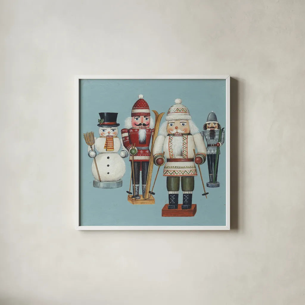Skier Nutcrackers by David Carter Brown. Shown in a crisp white glass frame for a clean and minimalist style. Available as an archival giclee rolled canvas, fine art paper, or poster print. SKU 27110a.