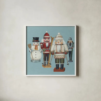 Skier Nutcrackers by David Carter Brown. Shown in a crisp white glass frame for a clean and minimalist style. Available as an archival giclee rolled canvas, fine art paper, or poster print. SKU 27110a.