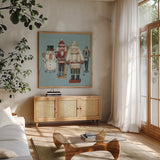 Skier Nutcrackers by David Carter Brown. Shown in a natural wood frame in a cozy modern living room. Available as an archival giclee rolled canvas, fine art paper, or poster print. SKU 27110a.