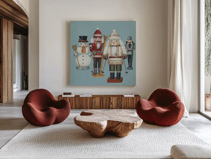 Skier Nutcrackers by David Carter Brown. Shown as extra-large giant wall art in a modern living room. Available as an archival giclee rolled canvas, fine art paper, or poster print. SKU 27110a.