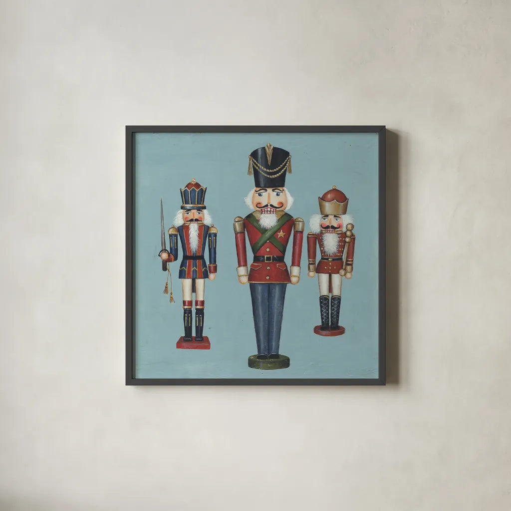 Soldier Nutcrackers by David Carter Brown. Shown in a sleek black glass frame for a contemporary gallery look. Available as an archival giclee rolled canvas, fine art paper, or poster print. SKU 27111a.