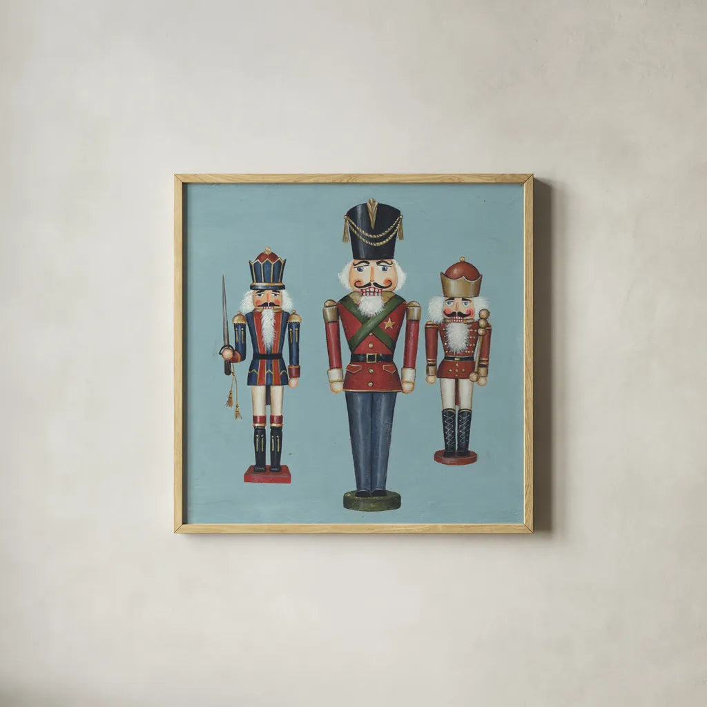 Soldier Nutcrackers by David Carter Brown. Shown in a natural wood glass frame for a timeless modern aesthetic. Available as an archival giclee rolled canvas, fine art paper, or poster print. SKU 27111a.