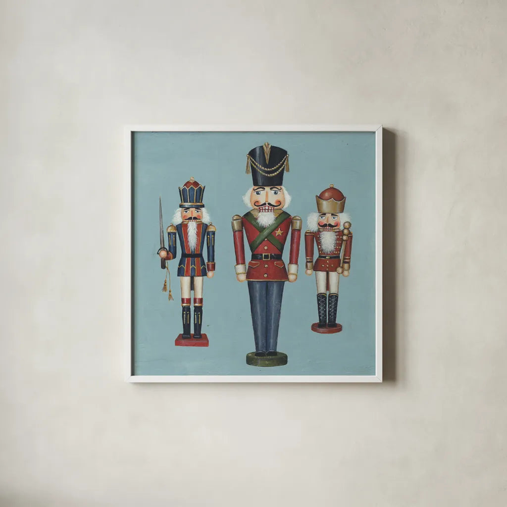 Soldier Nutcrackers by David Carter Brown. Shown in a crisp white glass frame for a clean and minimalist style. Available as an archival giclee rolled canvas, fine art paper, or poster print. SKU 27111a.