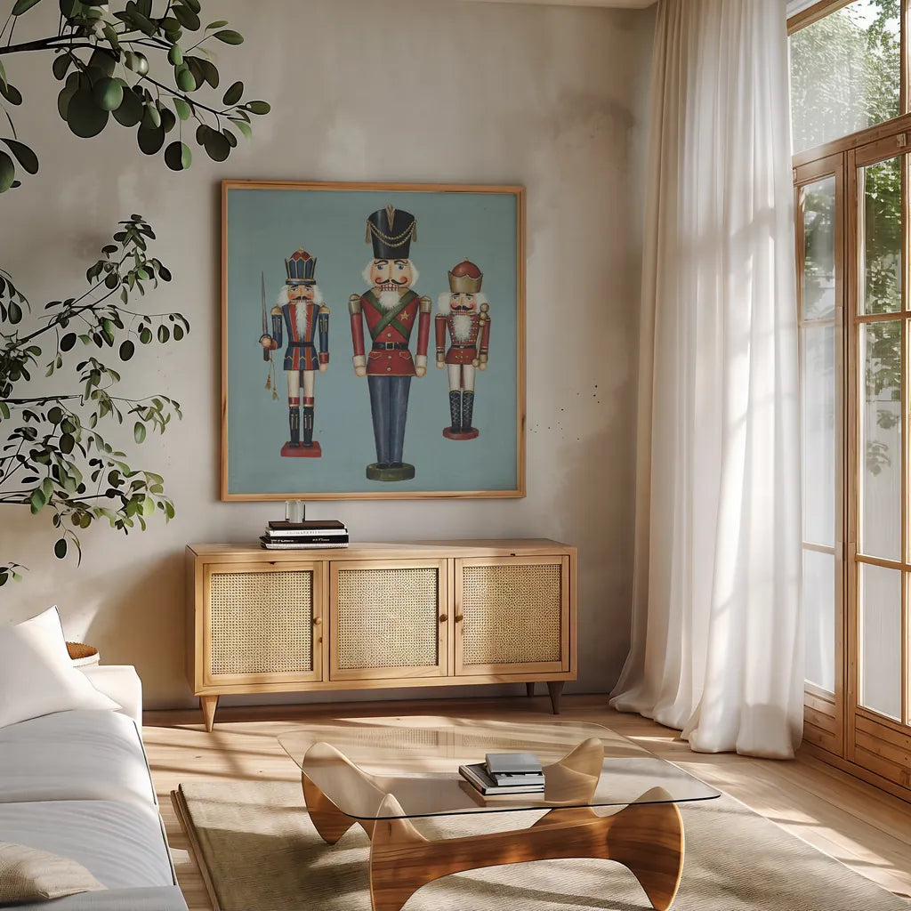 Soldier Nutcrackers by David Carter Brown. Shown in a natural wood frame in a cozy modern living room. Available as an archival giclee rolled canvas, fine art paper, or poster print. SKU 27111a.