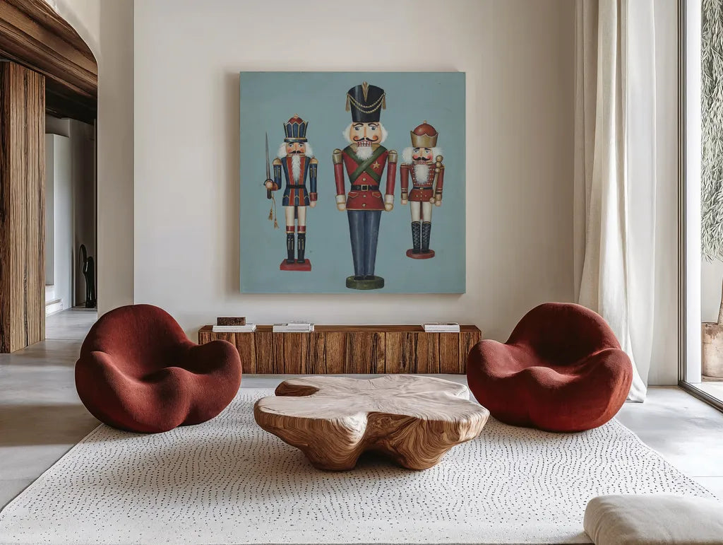 Soldier Nutcrackers by David Carter Brown. Shown as extra-large giant wall art in a modern living room. Available as an archival giclee rolled canvas, fine art paper, or poster print. SKU 27111a.