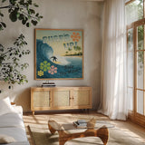 Surfs Up by David Carter Brown. Shown in a natural wood frame in a cozy modern living room. Available as an archival giclee rolled canvas, fine art paper, or poster print. SKU 3206a.