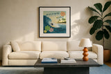 Surfs Up by David Carter Brown. Displayed in a glass frame with matte in a clean modern living room. Available as an archival giclee rolled canvas, fine art paper, or poster print. SKU 3206a.