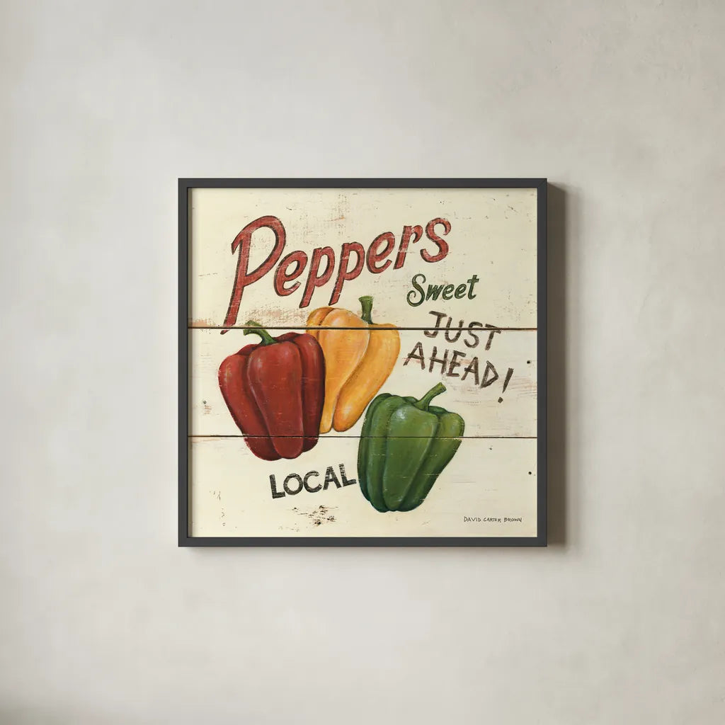 Sweet Peppers by David Carter Brown. Shown in a sleek black glass frame for a contemporary gallery look. Available as an archival giclee rolled canvas, fine art paper, or poster print. SKU 3183a.