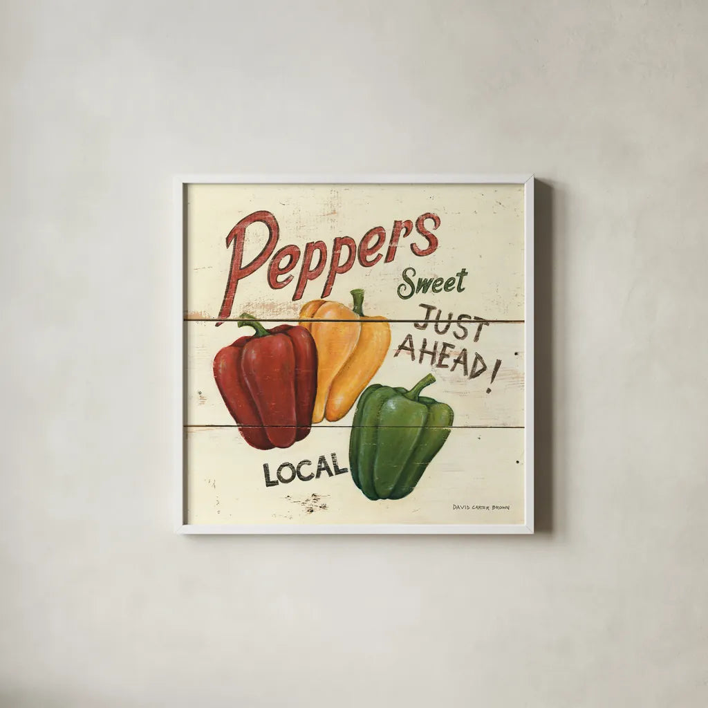 Sweet Peppers by David Carter Brown. Shown in a crisp white glass frame for a clean and minimalist style. Available as an archival giclee rolled canvas, fine art paper, or poster print. SKU 3183a.