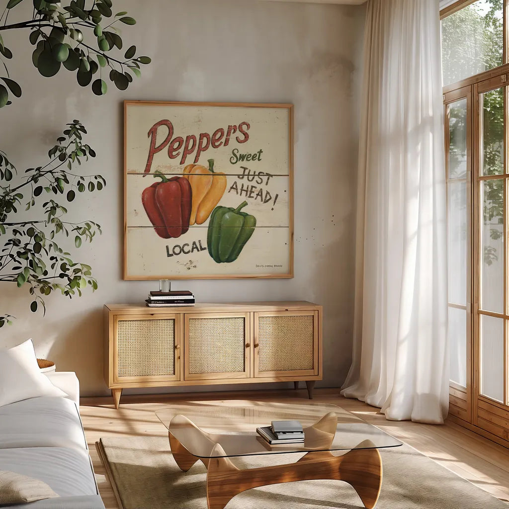 Sweet Peppers by David Carter Brown. Shown in a natural wood frame in a cozy modern living room. Available as an archival giclee rolled canvas, fine art paper, or poster print. SKU 3183a.