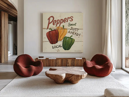Sweet Peppers by David Carter Brown. Shown as extra-large giant wall art in a modern living room. Available as an archival giclee rolled canvas, fine art paper, or poster print. SKU 3183a.