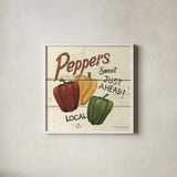 Sweet Peppers by David Carter Brown. Shown in a crisp white glass frame for a clean and minimalist style. Available as an archival giclee rolled canvas, fine art paper, or poster print. SKU 3191a.