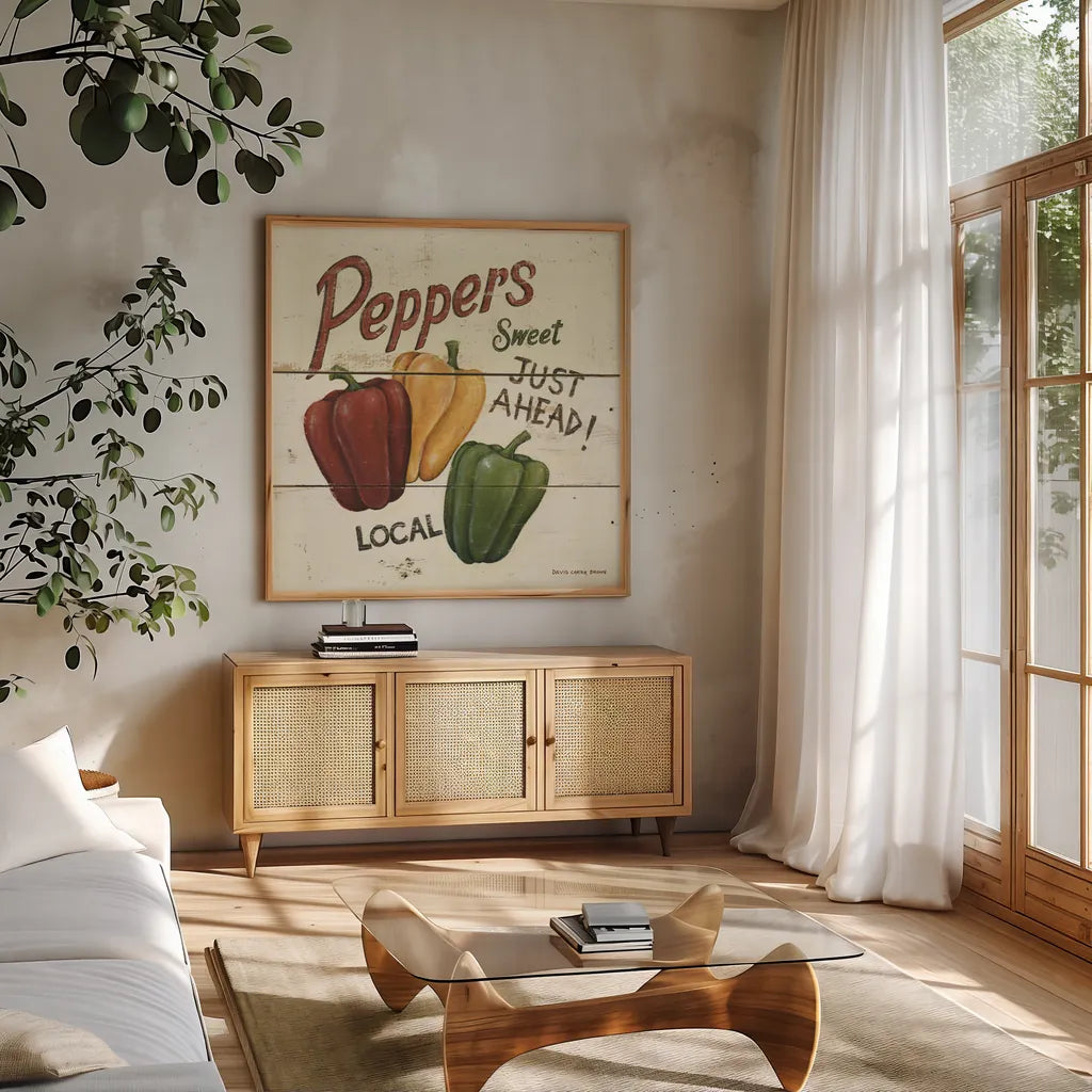 Sweet Peppers by David Carter Brown. Shown in a natural wood frame in a cozy modern living room. Available as an archival giclee rolled canvas, fine art paper, or poster print. SKU 3191a.