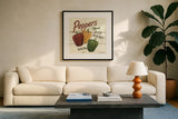 Sweet Peppers by David Carter Brown. Displayed in a glass frame with matte in a clean modern living room. Available as an archival giclee rolled canvas, fine art paper, or poster print. SKU 3191a.