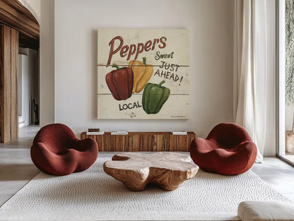 Sweet Peppers by David Carter Brown. Shown as extra-large giant wall art in a modern living room. Available as an archival giclee rolled canvas, fine art paper, or poster print. SKU 3191a.