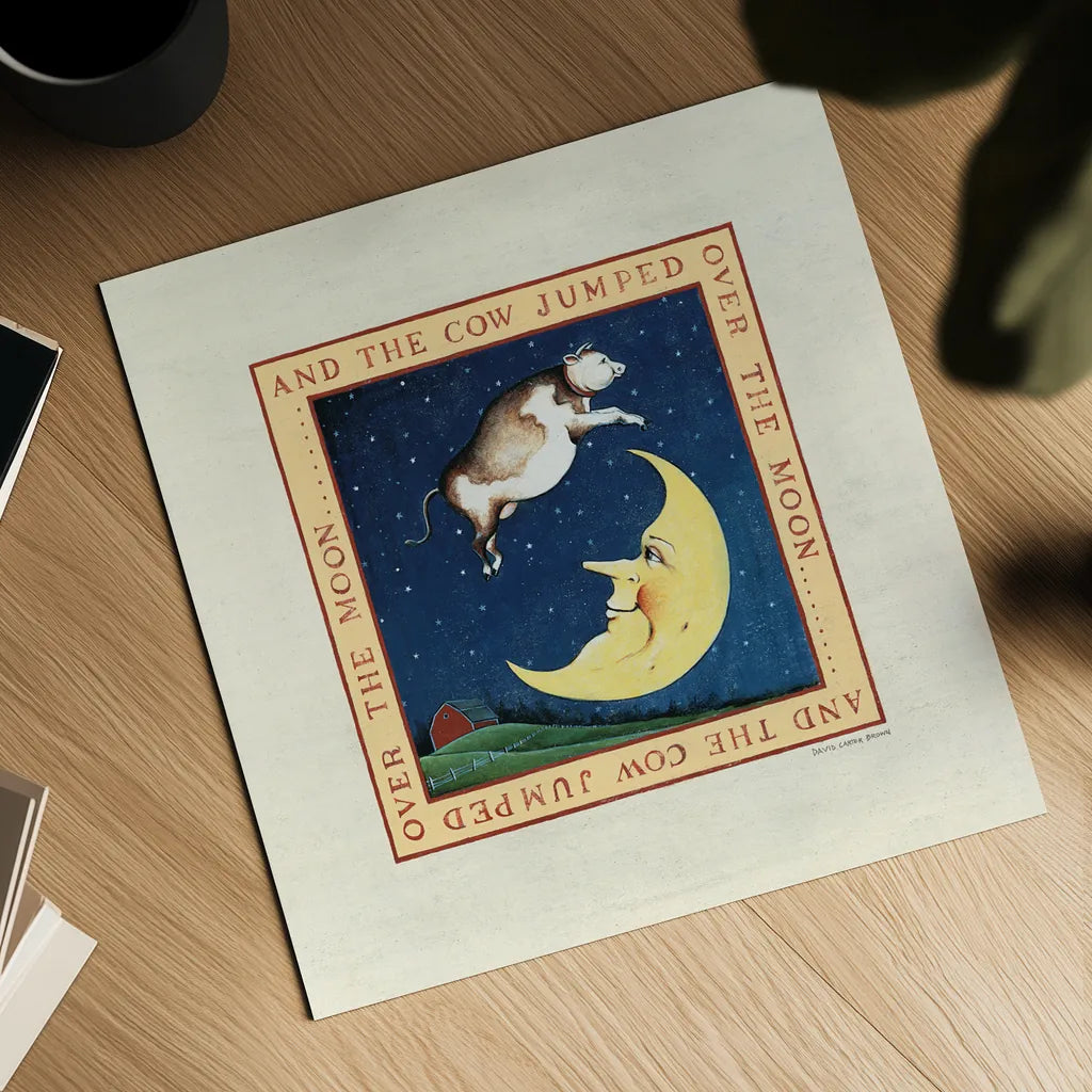 The Cow Jumped by David Carter Brown. Shown as a detailed flat fine art print, highlighting archival giclee quality. Available as an archival giclee rolled canvas, fine art paper, or poster print. SKU 3153a.