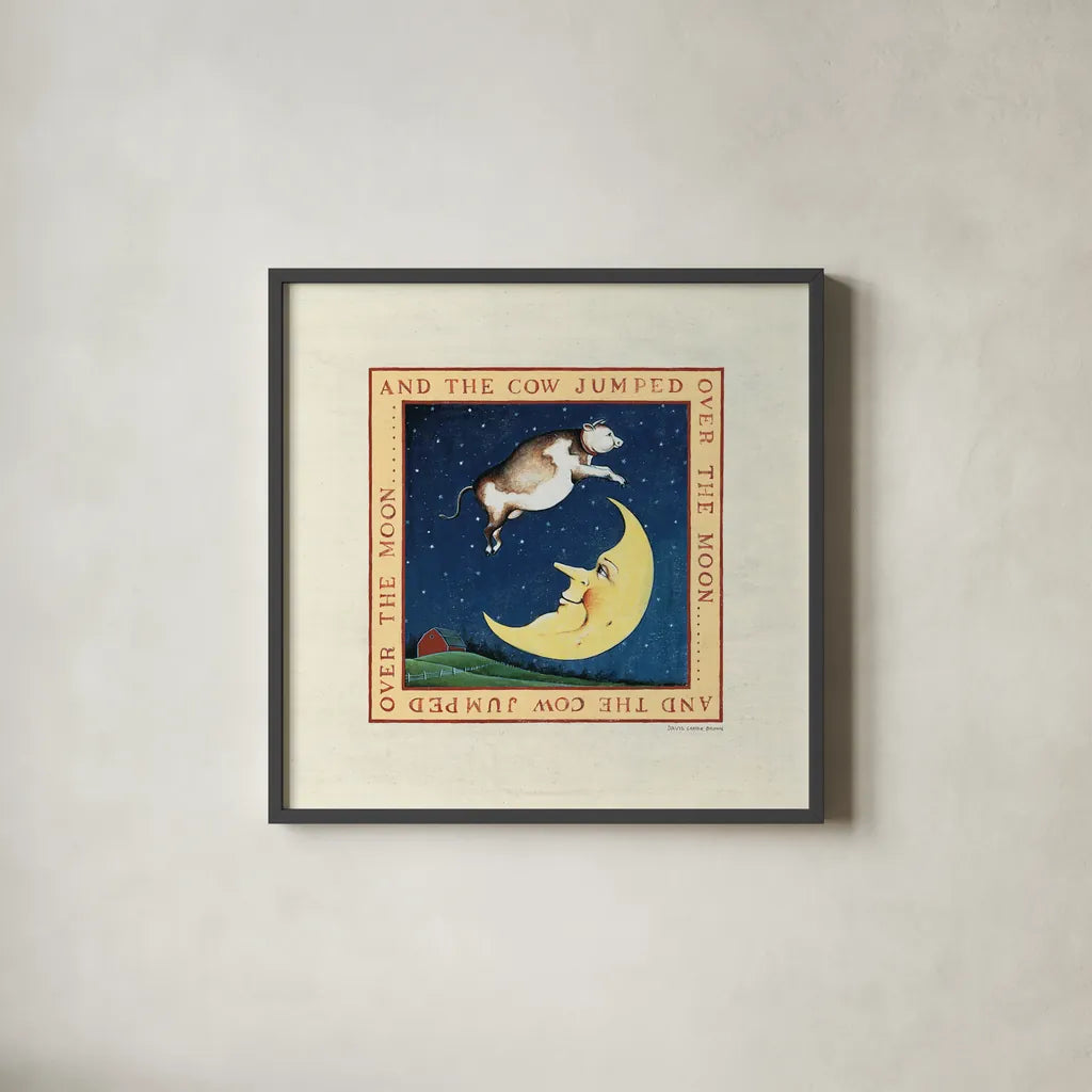The Cow Jumped by David Carter Brown. Shown in a sleek black glass frame for a contemporary gallery look. Available as an archival giclee rolled canvas, fine art paper, or poster print. SKU 3153a.