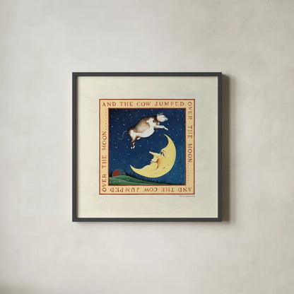 The Cow Jumped by David Carter Brown. Shown in a sleek black glass frame for a contemporary gallery look. Available as an archival giclee rolled canvas, fine art paper, or poster print. SKU 3153a.