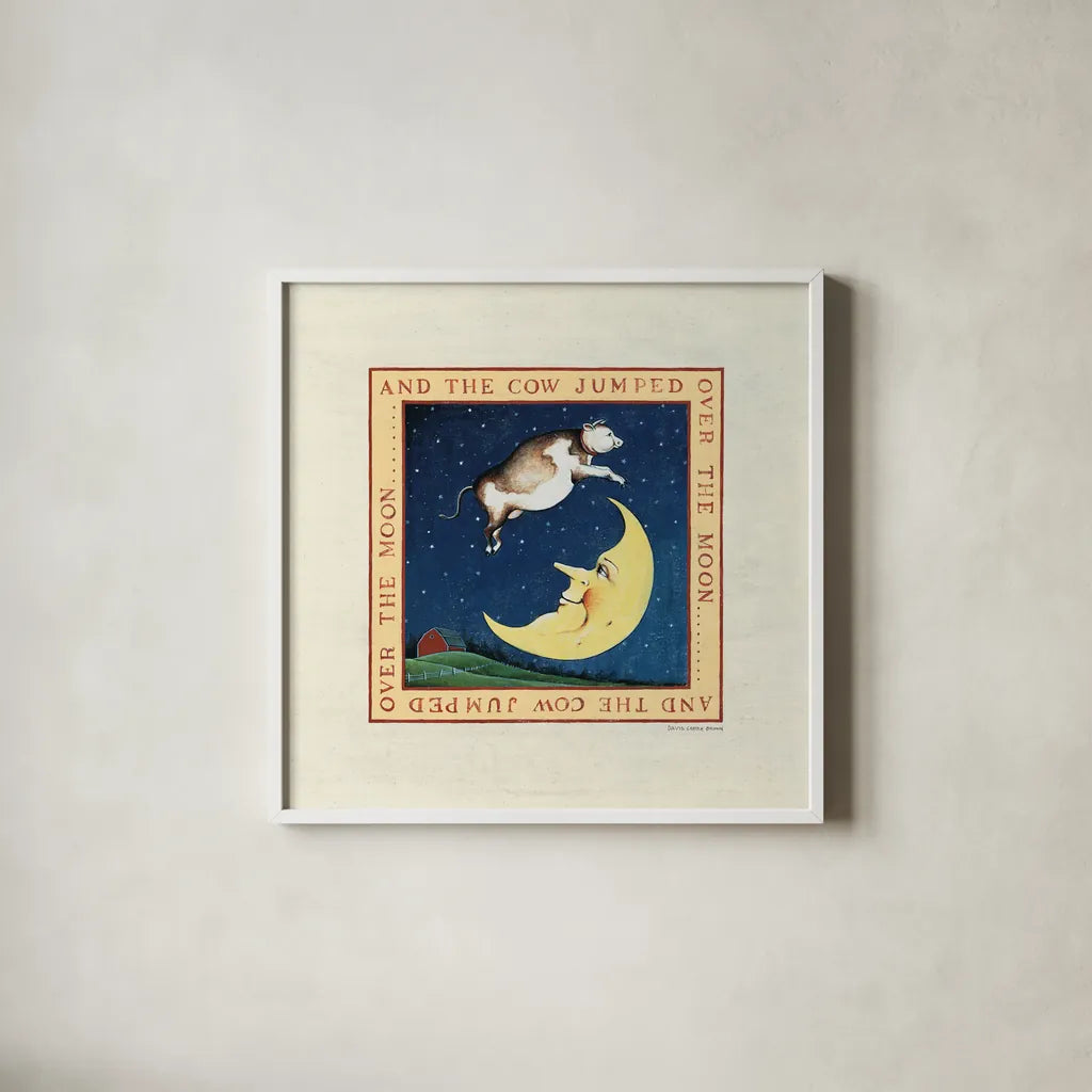 The Cow Jumped by David Carter Brown. Shown in a crisp white glass frame for a clean and minimalist style. Available as an archival giclee rolled canvas, fine art paper, or poster print. SKU 3153a.