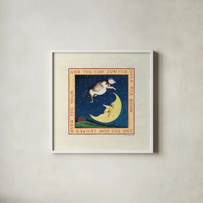 The Cow Jumped by David Carter Brown. Shown in a crisp white glass frame for a clean and minimalist style. Available as an archival giclee rolled canvas, fine art paper, or poster print. SKU 3153a.