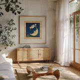 The Cow Jumped by David Carter Brown. Shown in a natural wood frame in a cozy modern living room. Available as an archival giclee rolled canvas, fine art paper, or poster print. SKU 3153a.