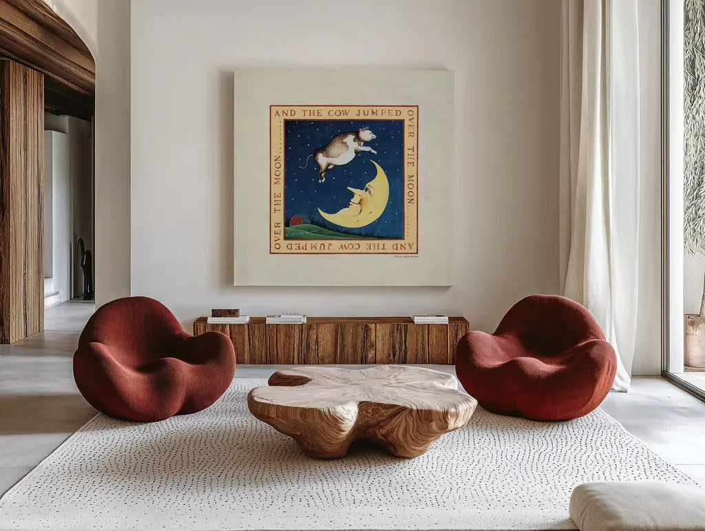 The Cow Jumped by David Carter Brown. Shown as extra-large giant wall art in a modern living room. Available as an archival giclee rolled canvas, fine art paper, or poster print. SKU 3153a.