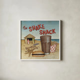 The Shake Shack by David Carter Brown. Shown in a crisp white glass frame for a clean and minimalist style. Available as an archival giclee rolled canvas, fine art paper, or poster print. SKU 3207a.