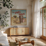 The Shake Shack by David Carter Brown. Shown in a natural wood frame in a cozy modern living room. Available as an archival giclee rolled canvas, fine art paper, or poster print. SKU 3207a.
