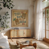 Tiki Bar by David Carter Brown. Shown in a natural wood frame in a cozy modern living room. Available as an archival giclee rolled canvas, fine art paper, or poster print. SKU 3208a.