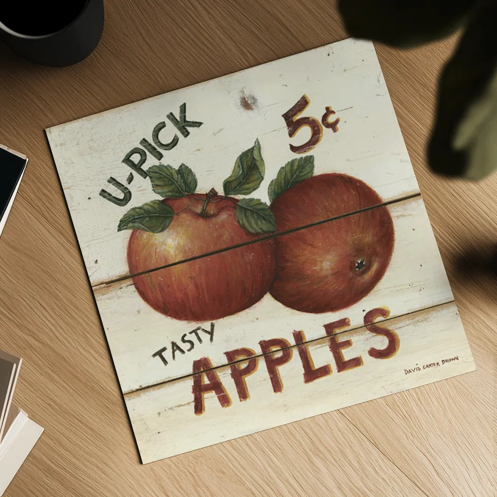 U-Pick Apples by David Carter Brown. Shown as a detailed flat fine art print, highlighting archival giclee quality. Available as an archival giclee rolled canvas, fine art paper, or poster print. SKU 3182a.