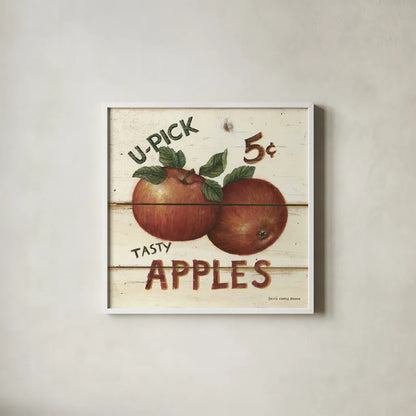 U-Pick Apples by David Carter Brown. Shown in a crisp white glass frame for a clean and minimalist style. Available as an archival giclee rolled canvas, fine art paper, or poster print. SKU 3182a.