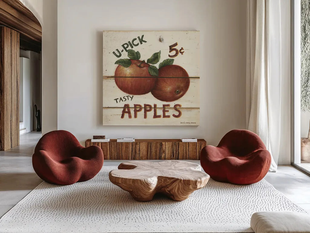 U-Pick Apples by David Carter Brown. Shown as extra-large giant wall art in a modern living room. Available as an archival giclee rolled canvas, fine art paper, or poster print. SKU 3182a.