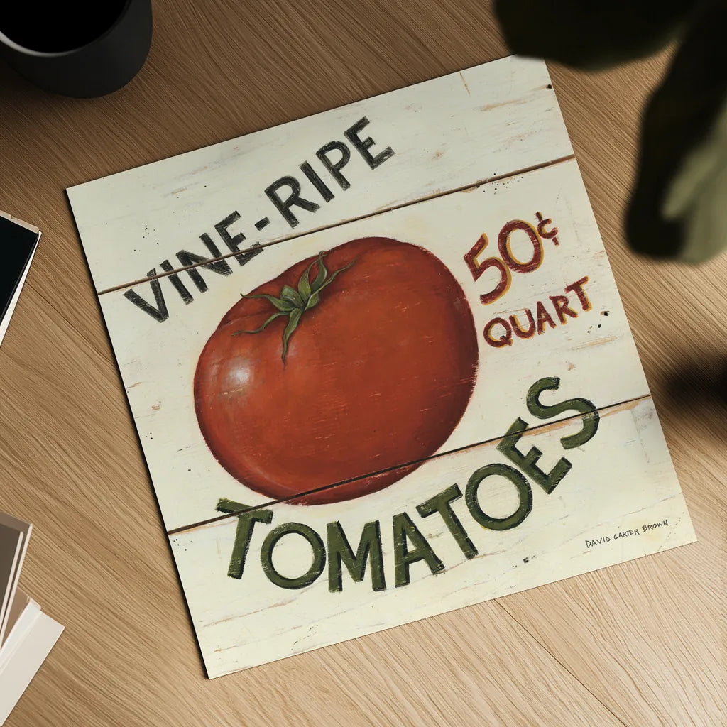 Vine Ripe Tomatoes by David Carter Brown. Shown as a detailed flat fine art print, highlighting archival giclee quality. Available as an archival giclee rolled canvas, fine art paper, or poster print. SKU 3184a.