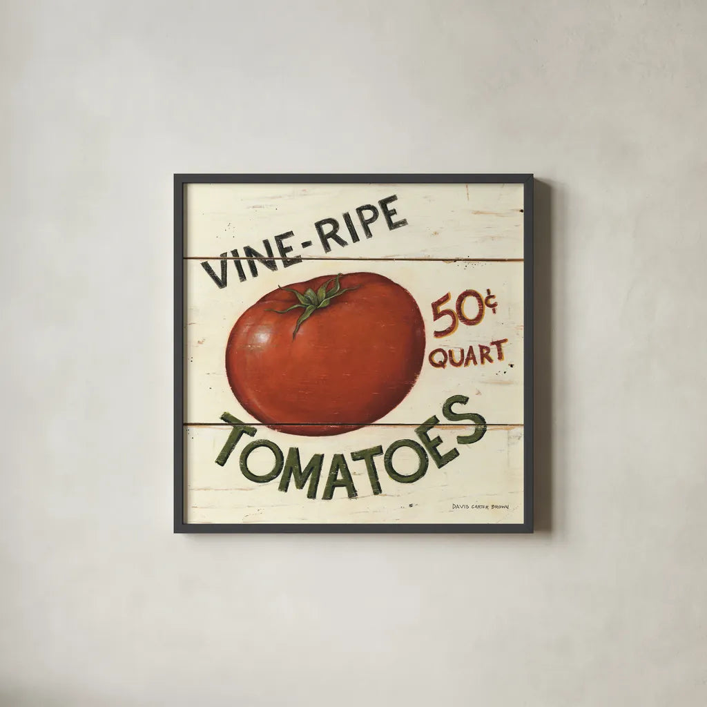 Vine Ripe Tomatoes by David Carter Brown. Shown in a sleek black glass frame for a contemporary gallery look. Available as an archival giclee rolled canvas, fine art paper, or poster print. SKU 3184a.