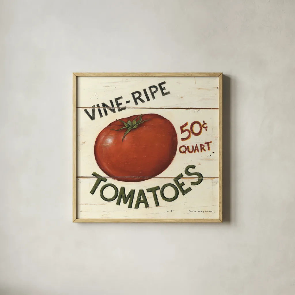 Vine Ripe Tomatoes by David Carter Brown. Shown in a natural wood glass frame for a timeless modern aesthetic. Available as an archival giclee rolled canvas, fine art paper, or poster print. SKU 3184a.