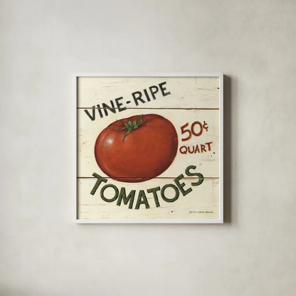 Vine Ripe Tomatoes by David Carter Brown. Shown in a crisp white glass frame for a clean and minimalist style. Available as an archival giclee rolled canvas, fine art paper, or poster print. SKU 3184a.